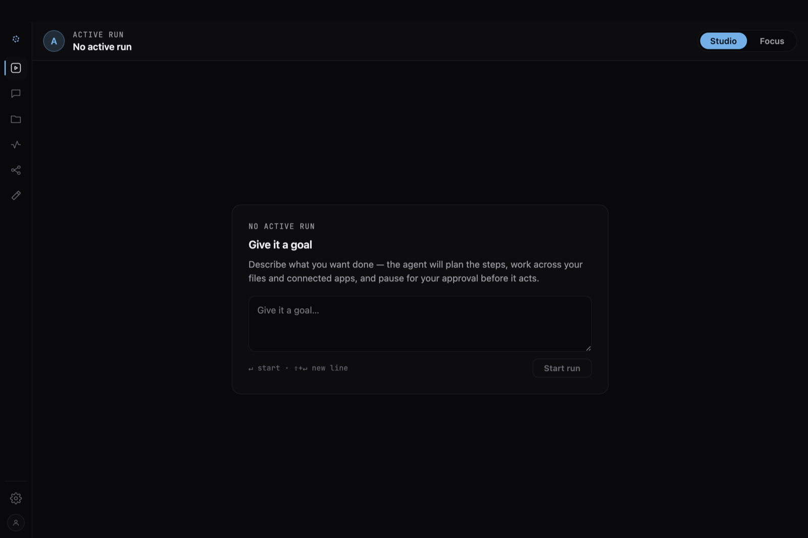 The 0xCopilot desktop app — the Run cockpit with a goal composer and the six-surface rail: Run, Chats, Projects, Activity, Tools, Skills.